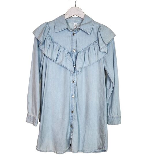 ZARA Dress Womens Extra Small Blue Ruffle Denim Mini Shirt Dress Blogger Fave - Picture 4 of 14
